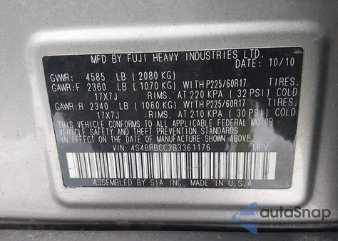 2011 Subaru Outback 2.5I Premium z USA, uszkodzony, nr VIN 4S4BRBCC2B3361176